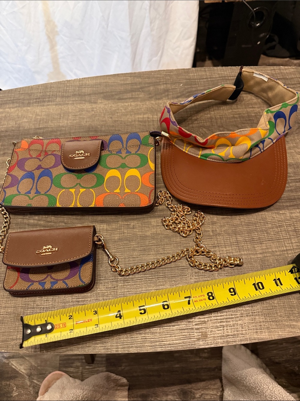 Coach Multicolor Signature Canvas Wallet, Mini Pouch & Visor with Brown Trim